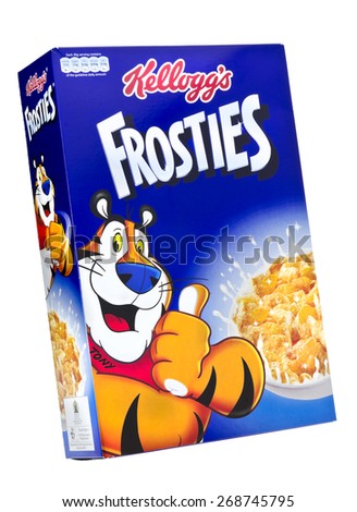 London, England - January 7, 2013: Box of Kellogg\'s Frosties Breakfast Cereal, Frosties are a popular breakfast cereal made from sugar coated corn flakes and introduced to the United States in 1951.