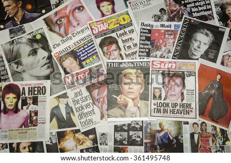 London, England - January 12, 2016: British Newspaper Front Pages Reporting the Death of David Bowie at his Home in New York.