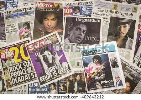 London, UK. 22th April, 2016.British Newspaper Front Pages following the Death of Prince at his Paisley Park home, Minneapolis.