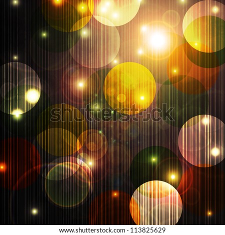 bokeh lights background with circles or abstract Christmas ornament balls and Christmas lights on starry night with twinkling shimmering glitter in gold white yellow on dark black or brown background