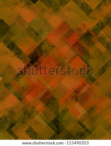 abstract orange background with green geometric design of diamond square shapes and lines in abstract design pattern in warm color and distressed vintage grunge background texture layout for brochure