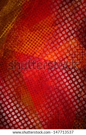 abstract red background, orange white grid mesh graphic art image with round hole cut out layered geometric shapes, modern art grunge background texture design, web template backdrop or fancy brochure