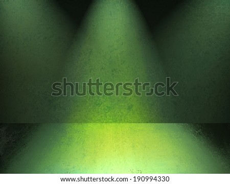 abstract green spotlight background display, bright yellow light shining in empty room, blank product display ad, dark black color with bright green light on stage or floor