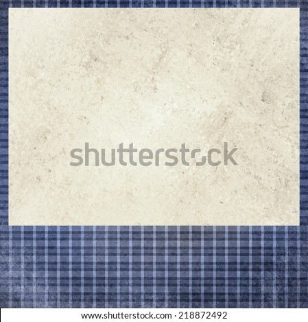 vintage blue checkered background. beige cream old paper insert. shabby chic line design element with distressed texture.