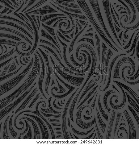 hand drawn doodle sketch with random curls swirls and line design pattern, cute abstract fun art, elegant fancy black wallpaper background illustration