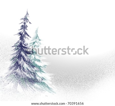 snow covered green and blue pine trees winter illustration with soft falling snow and blizzard like white out weather conditions, has copy space to add your own text or title