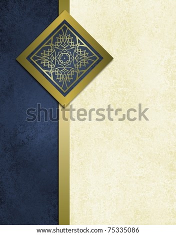 elegant dark blue and white background with antique parchment grunge texture, fancy gold trim design and ribbon stripe, and copy space to add your own title or text to the cover