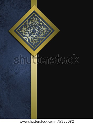 elegant dark blue and black background with antique grunge texture, fancy gold trim design and ribbon stripe, and copy space to add your own title or text to the cover