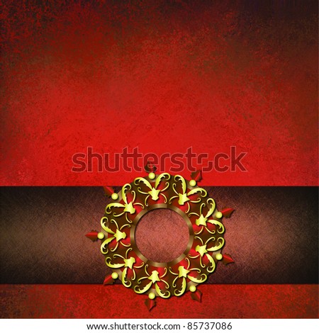 red background, brown ribbon layout illustration, elegant gold festive Christmas seal or ornament design element, old grunge texture on wall, copy space for text or title