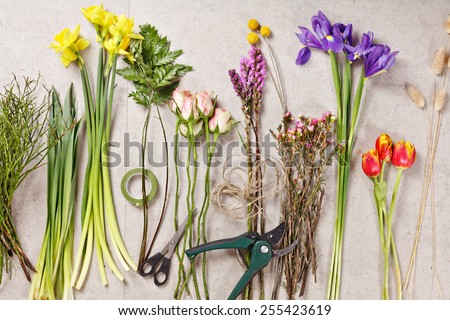 set of flowers for making bouquet with instrument