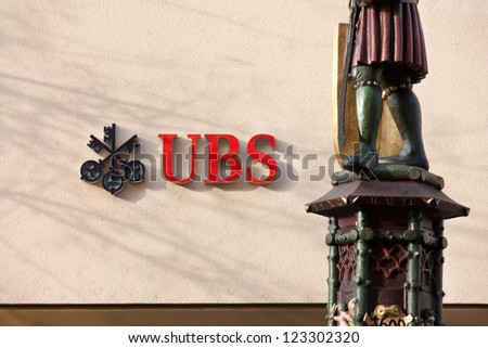 SCHAFFHAUSEN - DEC. 21: A Swiss Bank UBS branch in Schaffhausen city on December 21, 2012 in Schaffhausen, Switzerland. UBS is one of the biggest banks globally.