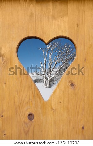 Winter scene throughout heart-shaped hole on a wood door (see also ID124456762)
