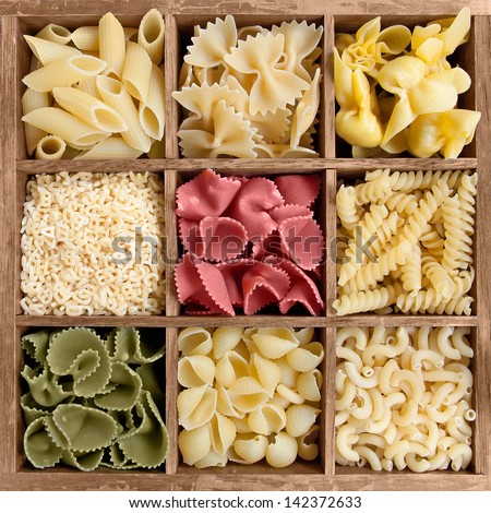 Assorted pasta in a wooden box