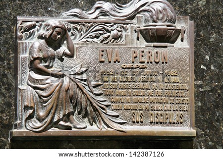 BUENOS AIRES, ARGENTINA - JANUARY 25: Cemetery in Recoleta, the grave site of Evita  Peron, the first lady of the former Argentina president Juan Peron. January 25, 2013.