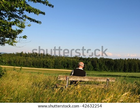 Back view of a retired man sitting on a bench reading