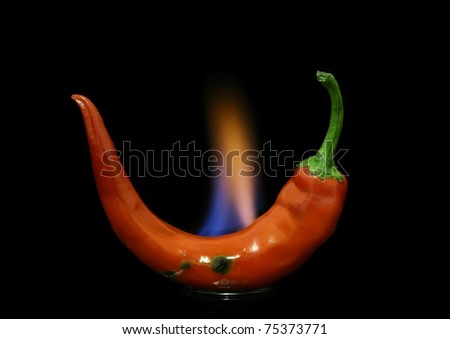 A red chili is burning in fire on a black glass