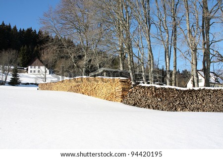 Countryside scene in winter with new and old wood stacks in a line