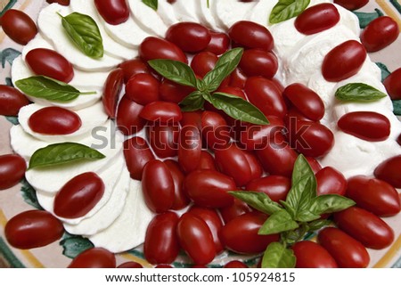 Italian tomatoes and mozzarella cheese salad served with olive oil and basil
