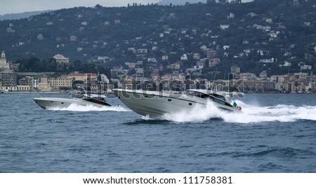 Italy, Liguria, off the coast of (S. Margherita Ligure Genova), Flash and Aqua luxury yachts (boatyard: Cantieri di Baia)