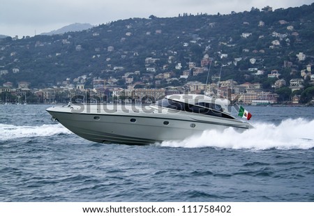 Italy, Liguria, off the coast of (S. Margherita Ligure Genova), Flash luxury yacht (boatyard: Cantieri di Baia)