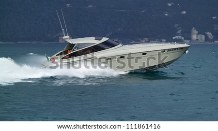 Italy, Liguria, off the coast of S. Margherita Ligure (Genova), Flash luxury yacht (boatyard: Cantieri di Baia)