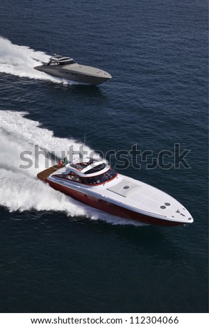 Italy, off the coast of Naples, Azzurra + Flash luxury yachts (boatyard: Cantieri di Baia), aerial view