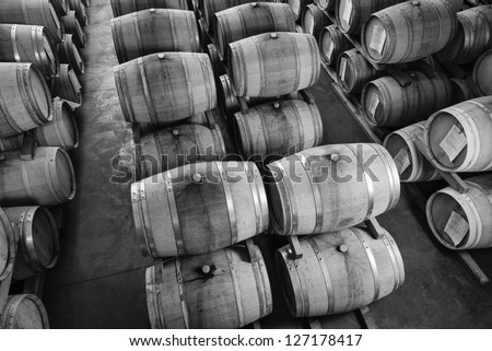 Italy, Sicily, Ragusa Province, wooden wine barrels in a wine cellar
