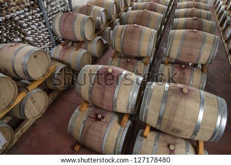Italy, Sicily, Ragusa Province, wooden wine barrels in a wine cellar