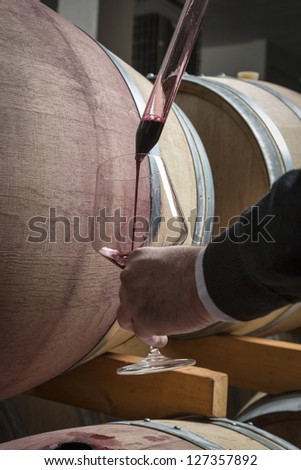 Italy, Sicily, red wine pouring from a wooden barrel into a glass in a wine cellar
