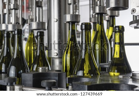 Italy, Sicily, wine bottles filled with wine by an industrial machine in a wine factory
