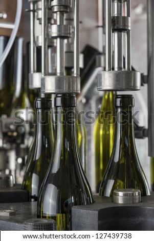 Italy, Sicily, wine bottles filled with wine by an industrial machine in a wine factory