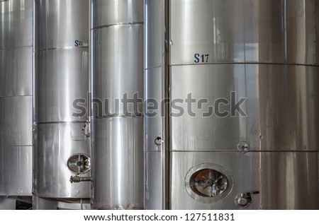 Italy, Sicily, Ragusa province, countryside, stainless steel wine containers in a wine factory