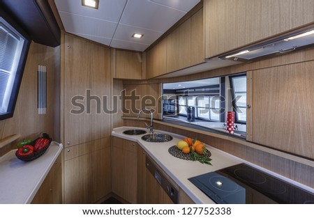 Italy, Naples, Abacus 70 luxury yacht, dinette, kitchen area