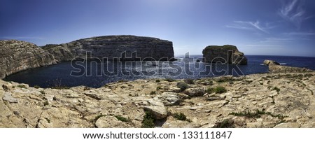 Malta Island, Gozo, Dweira, panoramic view of the rocky coastline near the Azure Window Rock