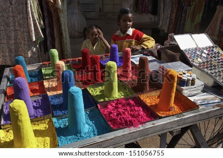 India, Rajasthan, Pushkar, colorful make-up powders for sale in a local market