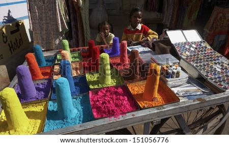 India, Rajasthan, Pushkar, colorful make-up powders for sale in a local market