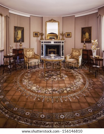 Italy, Rome, Old Luxury Private House, Fireplace Room With Hand Painted Terracotta Floor