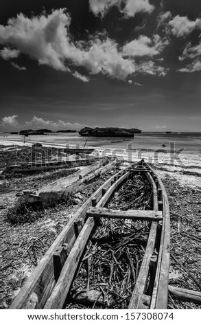 Kenya, Watamu Beach (Malindi), fishing boats ashore (FILM SCAN)