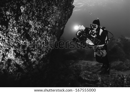 Italy, Ponza Island, Tyrrhenian sea, U.W. photo, filming scuba diver