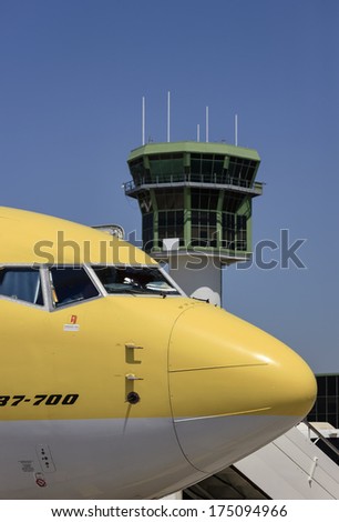 Italy, Naples International Airport, airplane and Control Tower