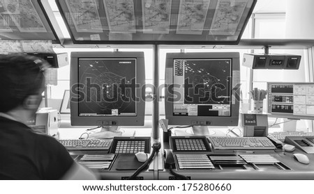Italy, Bari, International airport, flight control tower, flight controller working