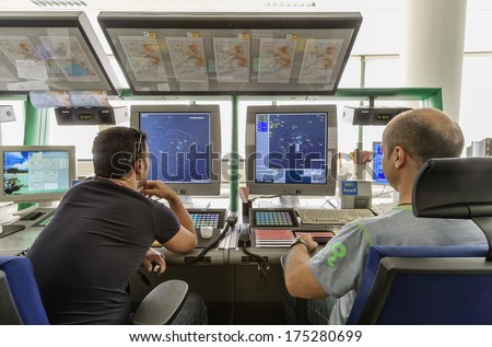Italy, Bari, International airport, flight control tower, flight controllers working
