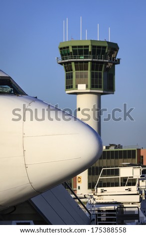 Italy, Naples International Airport, airplane and Control Tower