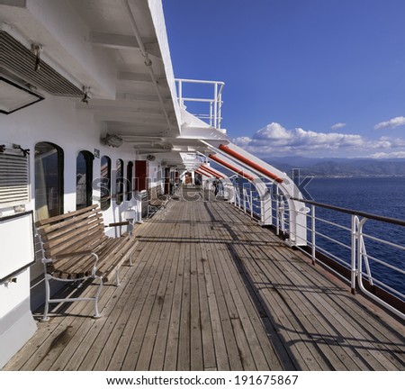 Italy, Sicily channel, view of the calabria coastline, on board of one of the many ferryboats that connect Sicily to the italian peninsula crossing the channel