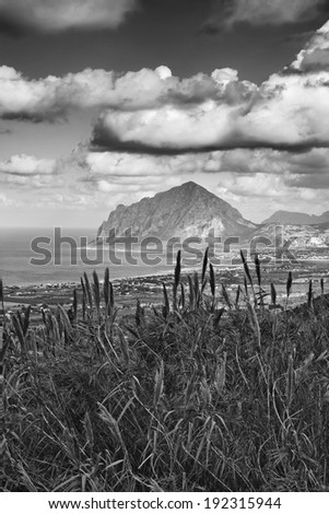 Italy, Sicily, view of Cofano mount and the Tyrrhenian coastline from Erice (Trapani Province)