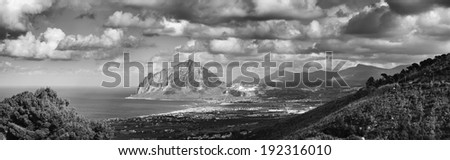Italy, Sicily, view of Cofano mount and the Tyrrhenian coastline from Erice (Trapani Province)