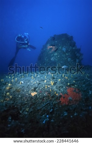 Mediterranean Sea, Sardinia, U.W. photo, wreck diving, sunken world war II submarine - FILM SCAN