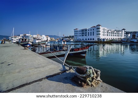 Africa, Tunisia, Tabarka, wooden fishing boats in the port - FILM SCAN