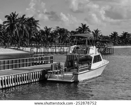 Caribbean Sea, Cayman Islands,Grand Cayman, view of a diving boat and the beach - FILM SCAN