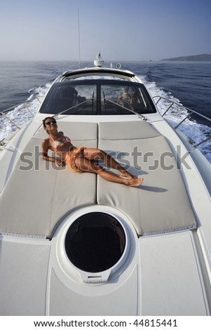France, Corsica, Girolata Marine National Park, luxury yacht, relaxing on board